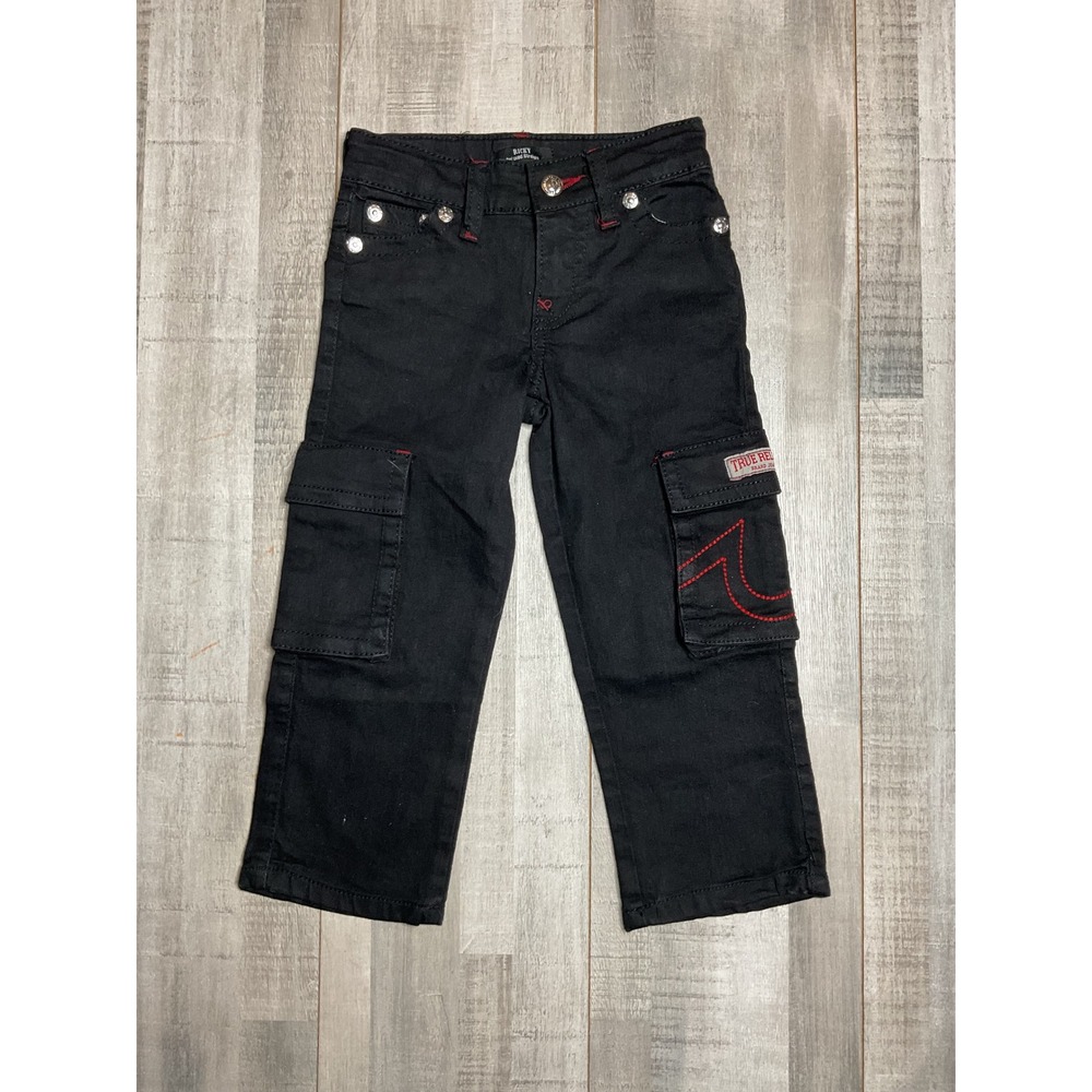 True Religion Ricky Relaxed Straight Black Cargo Pants Red Stitching Boys Size 4